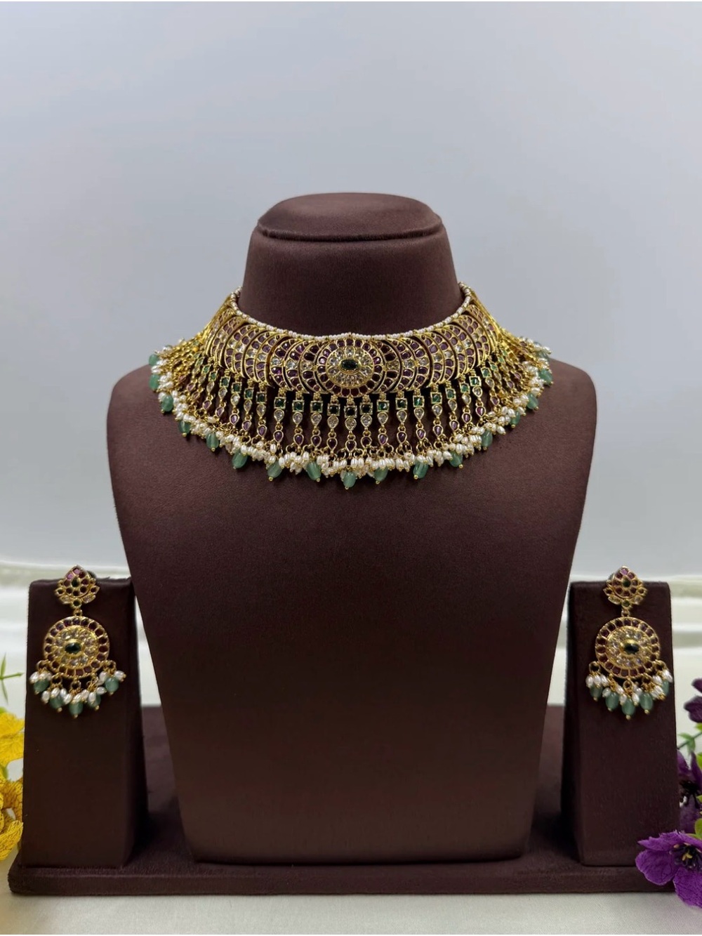 Gold and Green Statement Choker Necklace Set